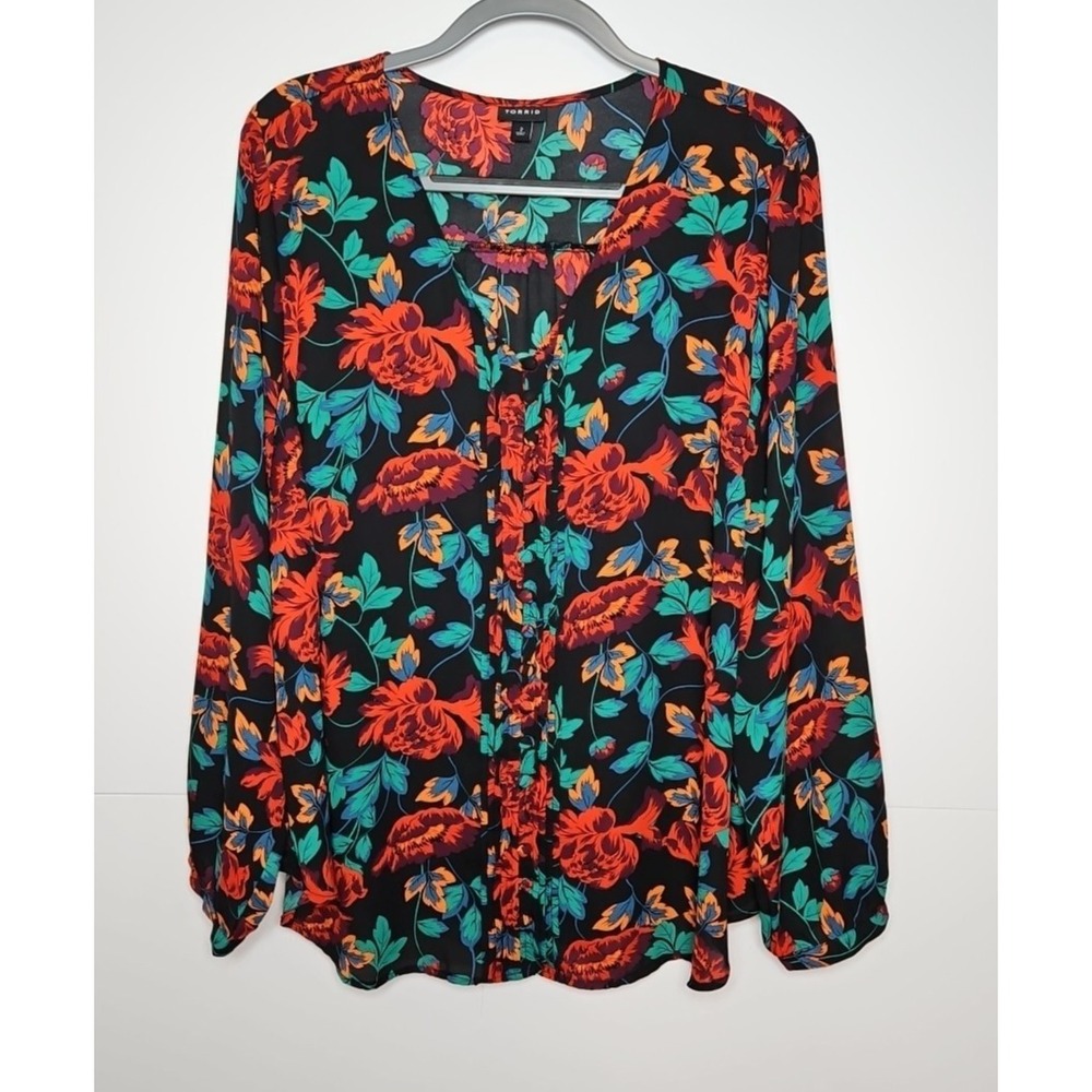 Torrid Womens Floral V Neck Long Sleeve Lightweight Blouse Size 2 (2X)